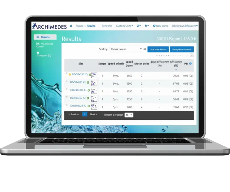 A laptop screen shows the Archimedes software interface, detailing pump specifications like size, speed, and efficiency. The search results are thorough and precise, embodying SCPQ standards.