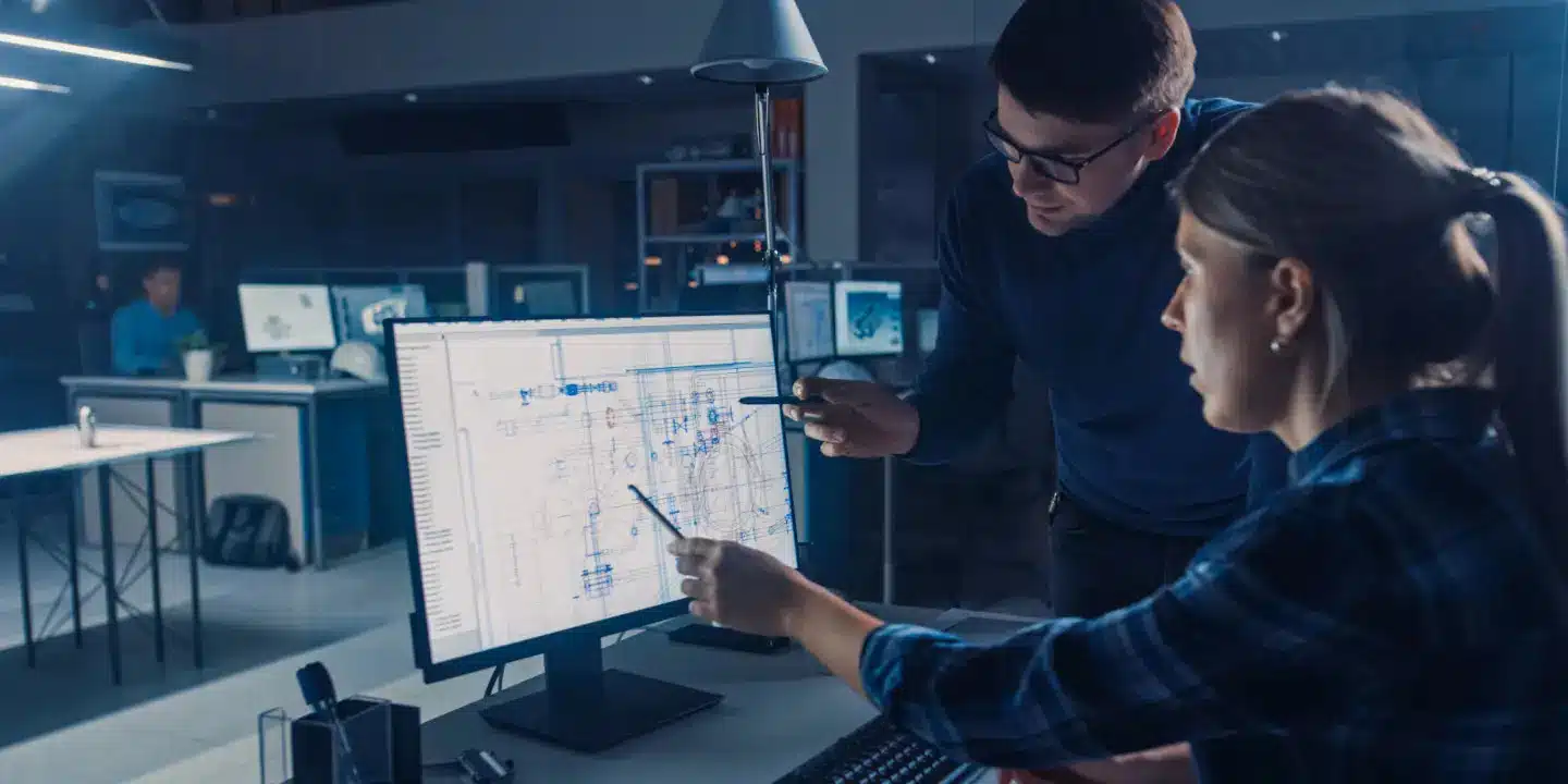 Two people in an office review technical diagrams displayed on a computer monitor, discussing details and pointing at the screen.