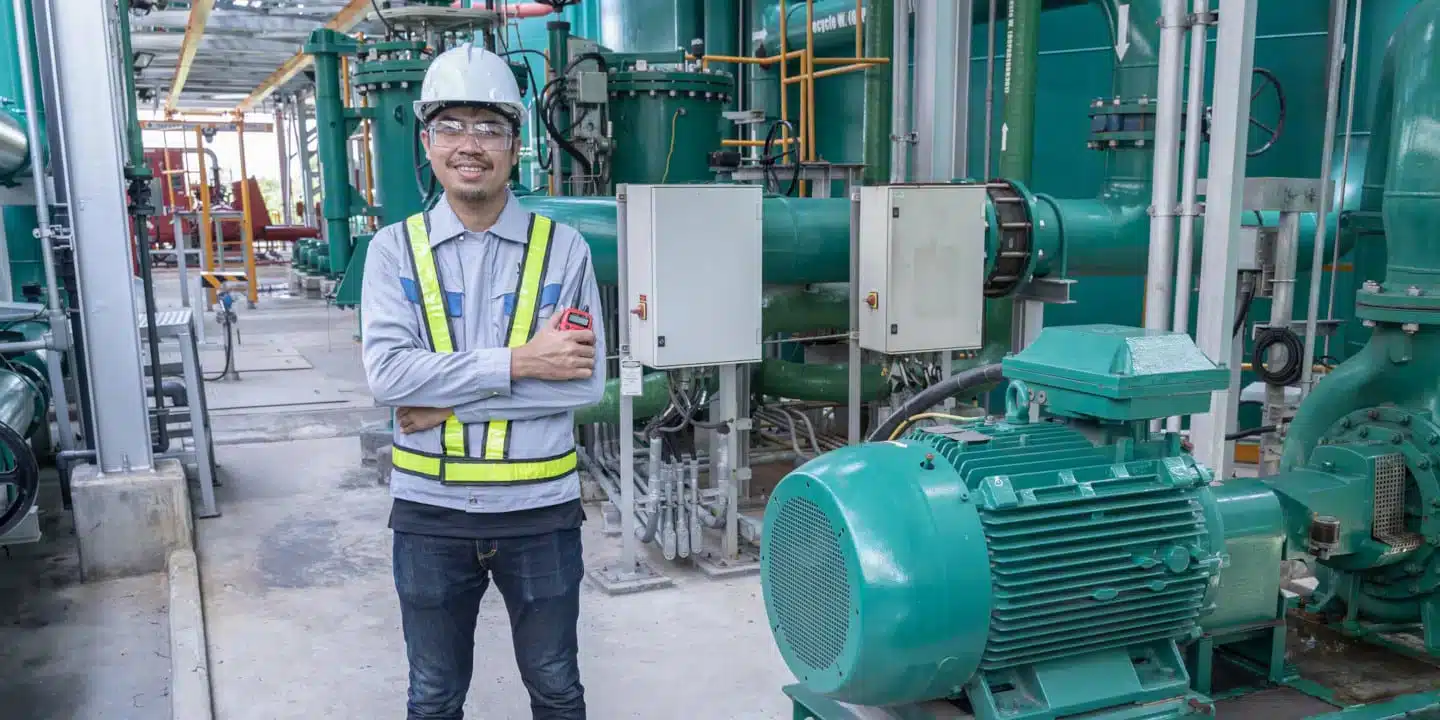 A worker wearing a hard hat and safety vest stands with arms crossed in an industrial facility with large green machinery and pipes.