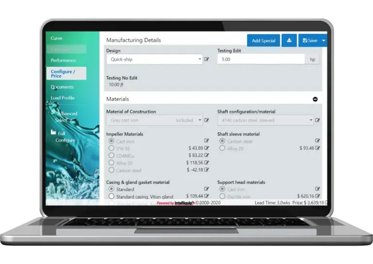 A laptop displays a software interface for configuring and pricing pump components, showing options for design, testing, materials, and pricing details.