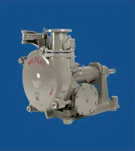 Gray industrial pump labeled WILFLEY against a solid blue background. The machine has cylindrical and rounded components with bolts and pipes visible.