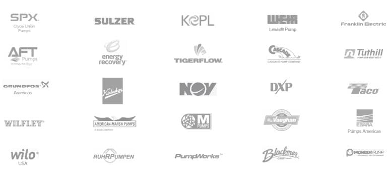 Grid of 25 grayscale logos representing various pump and energy recovery companies, including Sulzer, Tigerflow, Franklin Electric, Grundfos, DXP, Wilo, and Blackmer.