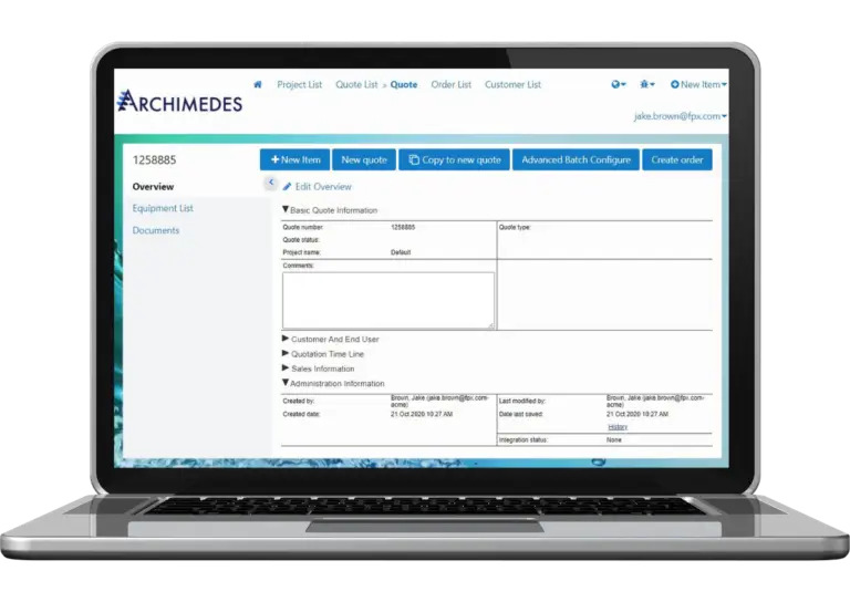 A laptop displays the Archimedes software interface, showing a quote management screen with options to add, copy, and configure quotes.