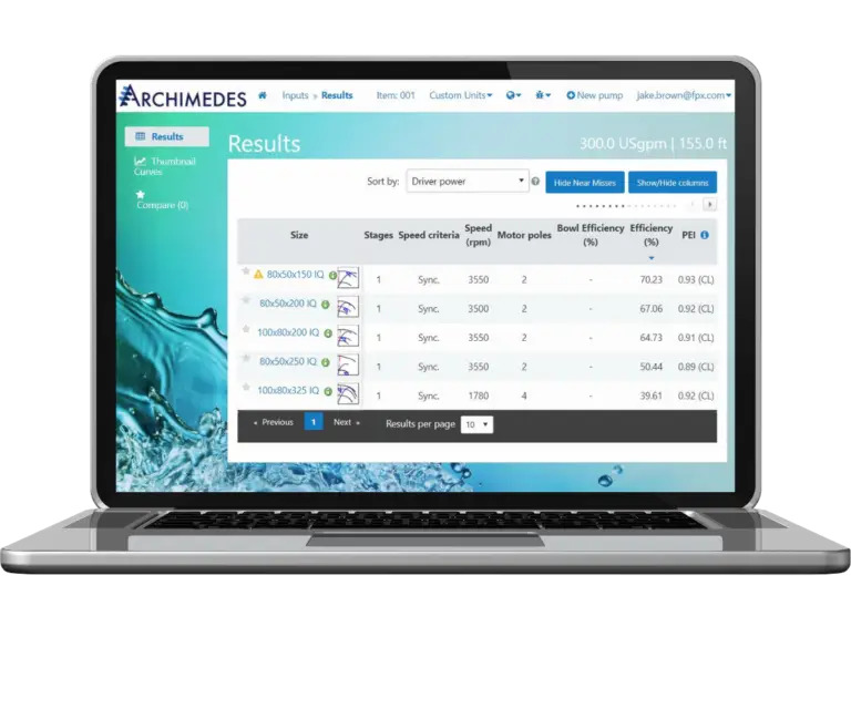 A laptop displaying search results for pump models on the ARCHIMEDES website, showing details like size, stages, speed, and efficiency.